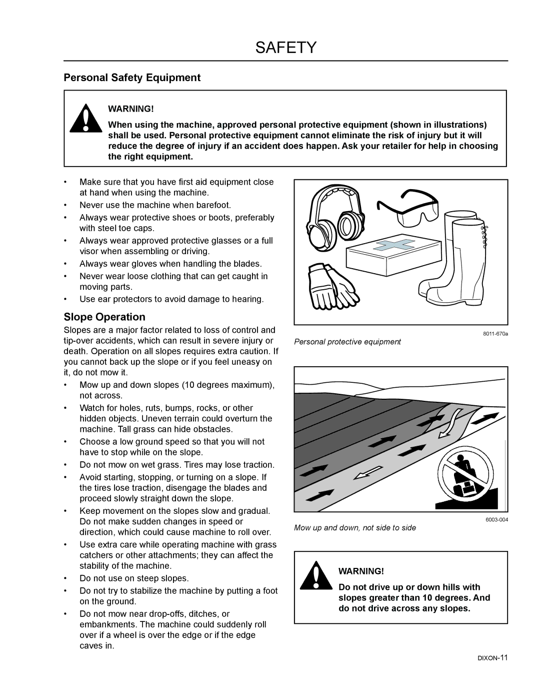 Dixon 965981001, 46, 965882301, 965882101, 965882201, 965882001, 965882401, 54 manual Personal Safety Equipment, Slope Operation 