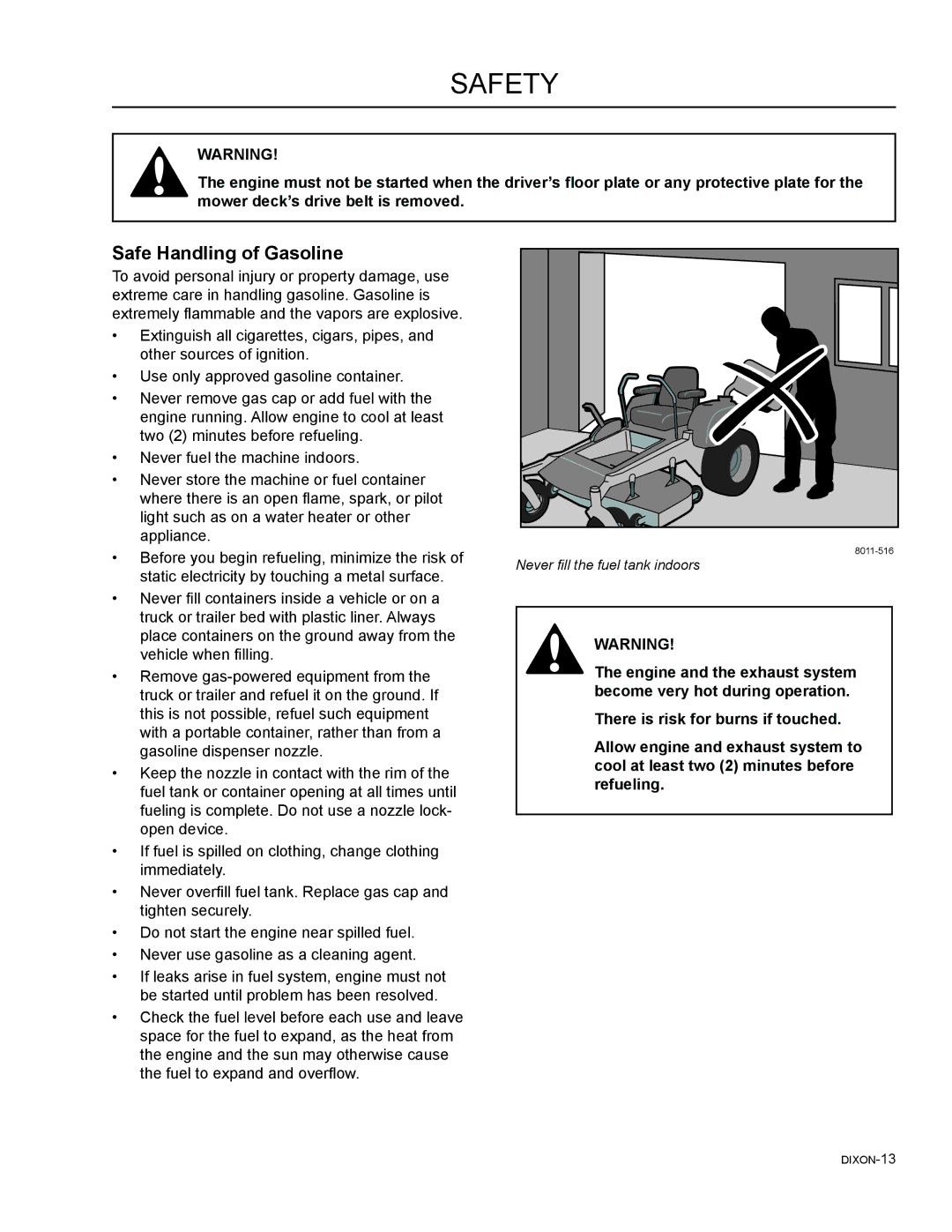 Dixon 965882001, 46, 965882301, 965882101, 965981001, 965882201, 965882401, 54 manual Safe Handling of Gasoline 