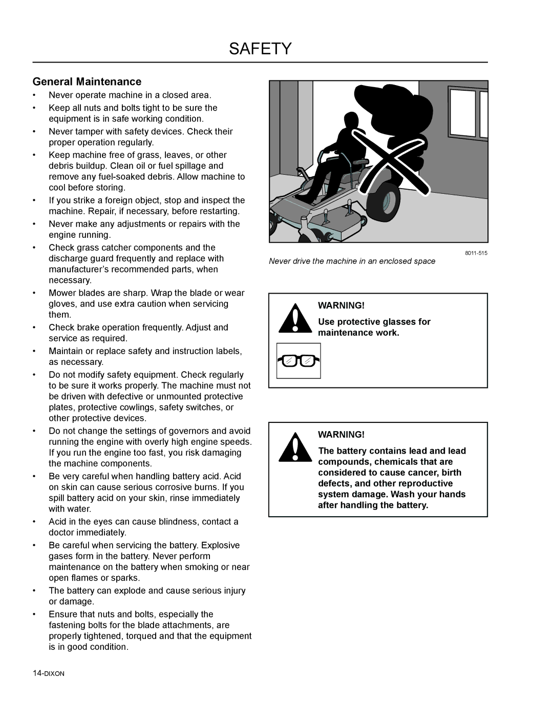 Dixon 965882401, 46, 965882301, 965882101, 965981001, 965882201, 965882001, 54 manual General Maintenance 