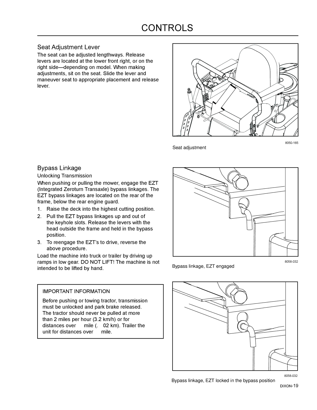 Dixon 965981001, 46, 965882301, 965882101, 965882201, 965882001 Seat Adjustment Lever, Bypass Linkage, Unlocking Transmission 