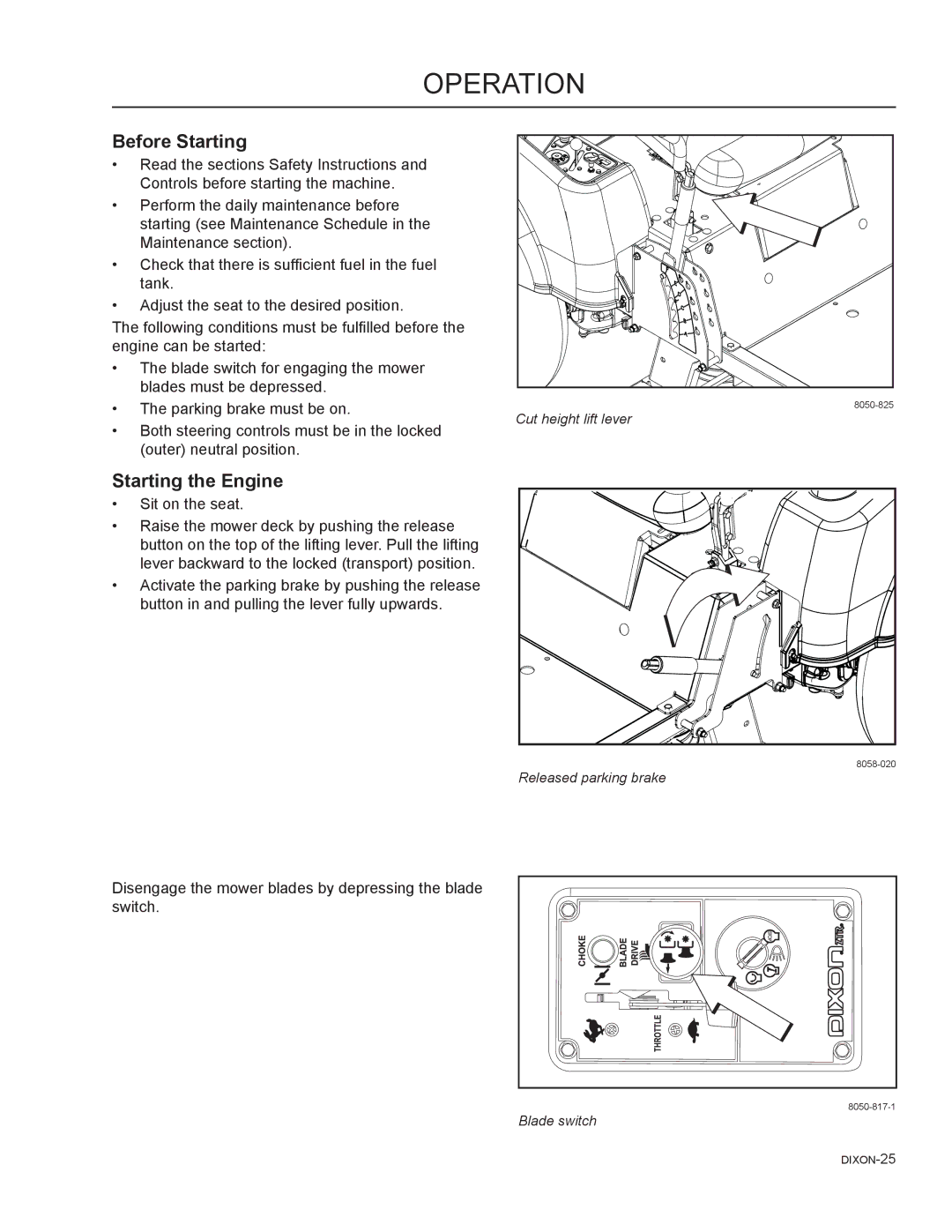 Dixon 965882301, 46, 965882101, 965981001, 965882201, 965882001, 965882401, 54 manual Before Starting, Starting the Engine 