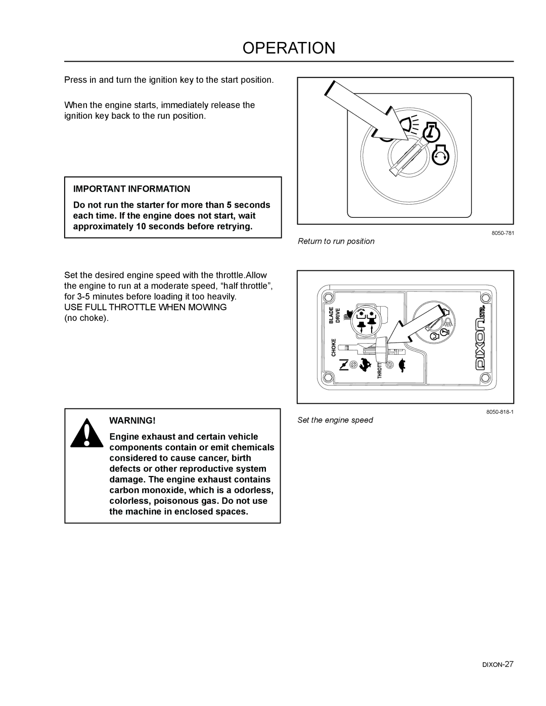 Dixon 965981001, 46, 965882301, 965882101, 965882201, 965882001, 965882401, 54 manual Return to run position 