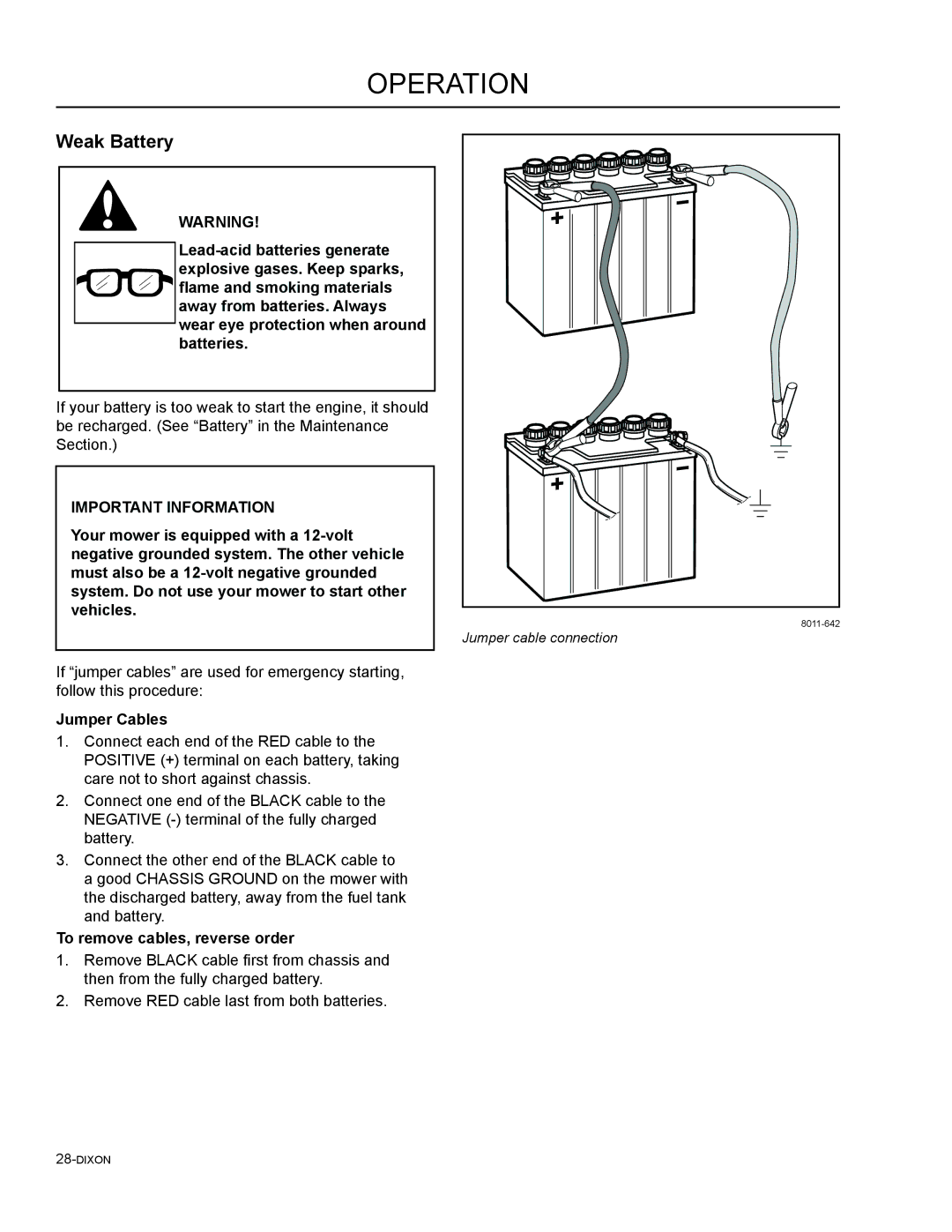 Dixon 965882201, 46, 965882301, 965882101, 965981001, 965882001 Weak Battery, Jumper Cables, To remove cables, reverse order 