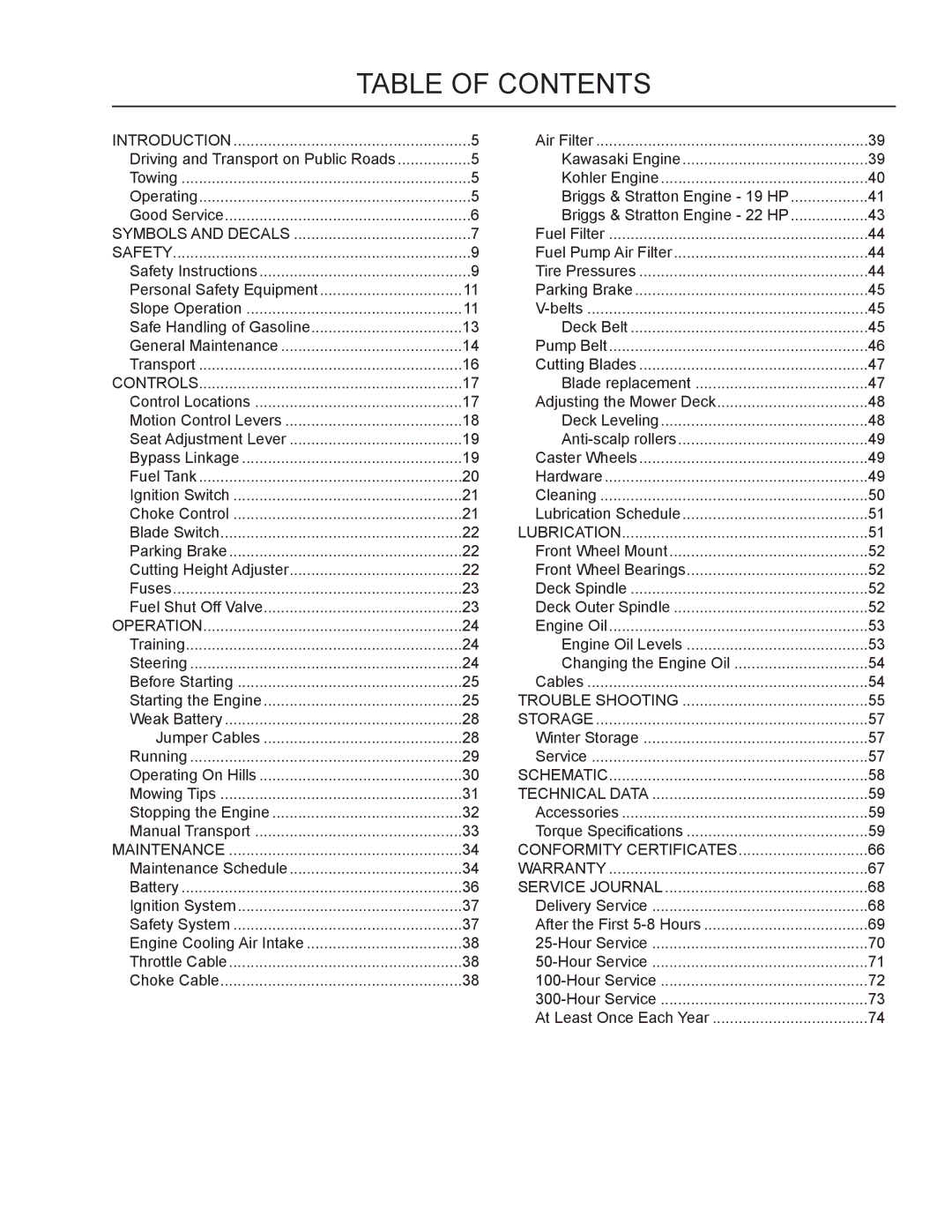 Dixon 965981001, 46, 965882301, 965882101, 965882201, 965882001, 965882401, 54 manual Table of Contents 