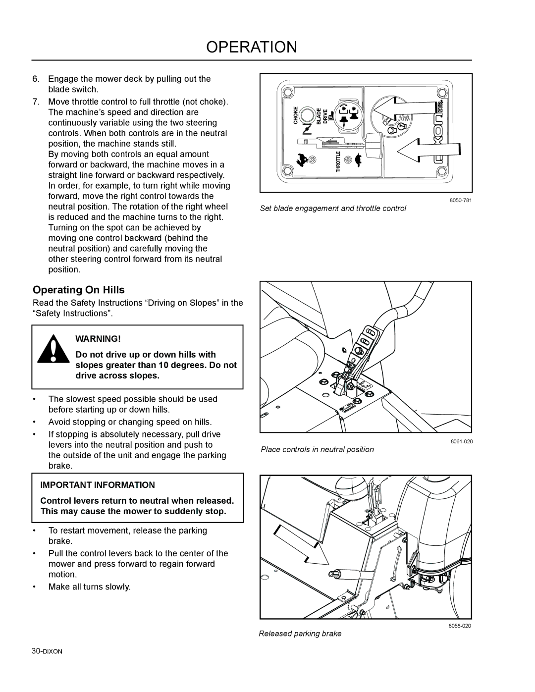 Dixon 965882401, 46, 965882301, 965882101, 965981001, 965882201, 965882001, 54 manual Operating On Hills 