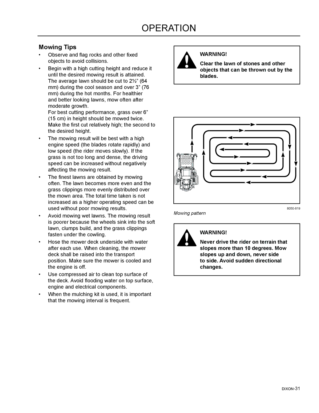 Dixon 54, 46, 965882301, 965882101, 965981001, 965882201, 965882001, 965882401 manual Mowing Tips 