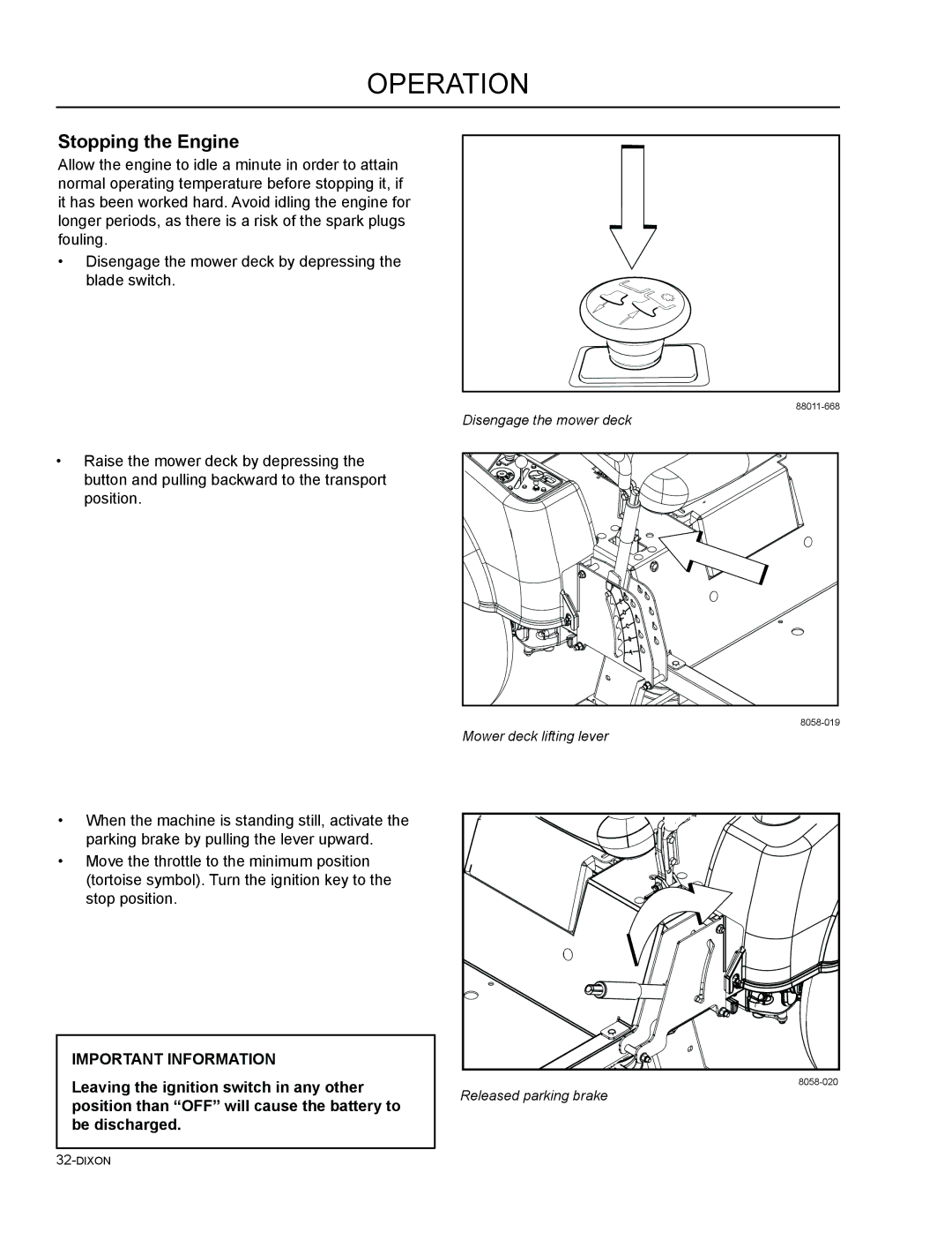 Dixon 46, 965882301, 965882101, 965981001, 965882201, 965882001, 965882401, 54 manual Stopping the Engine 