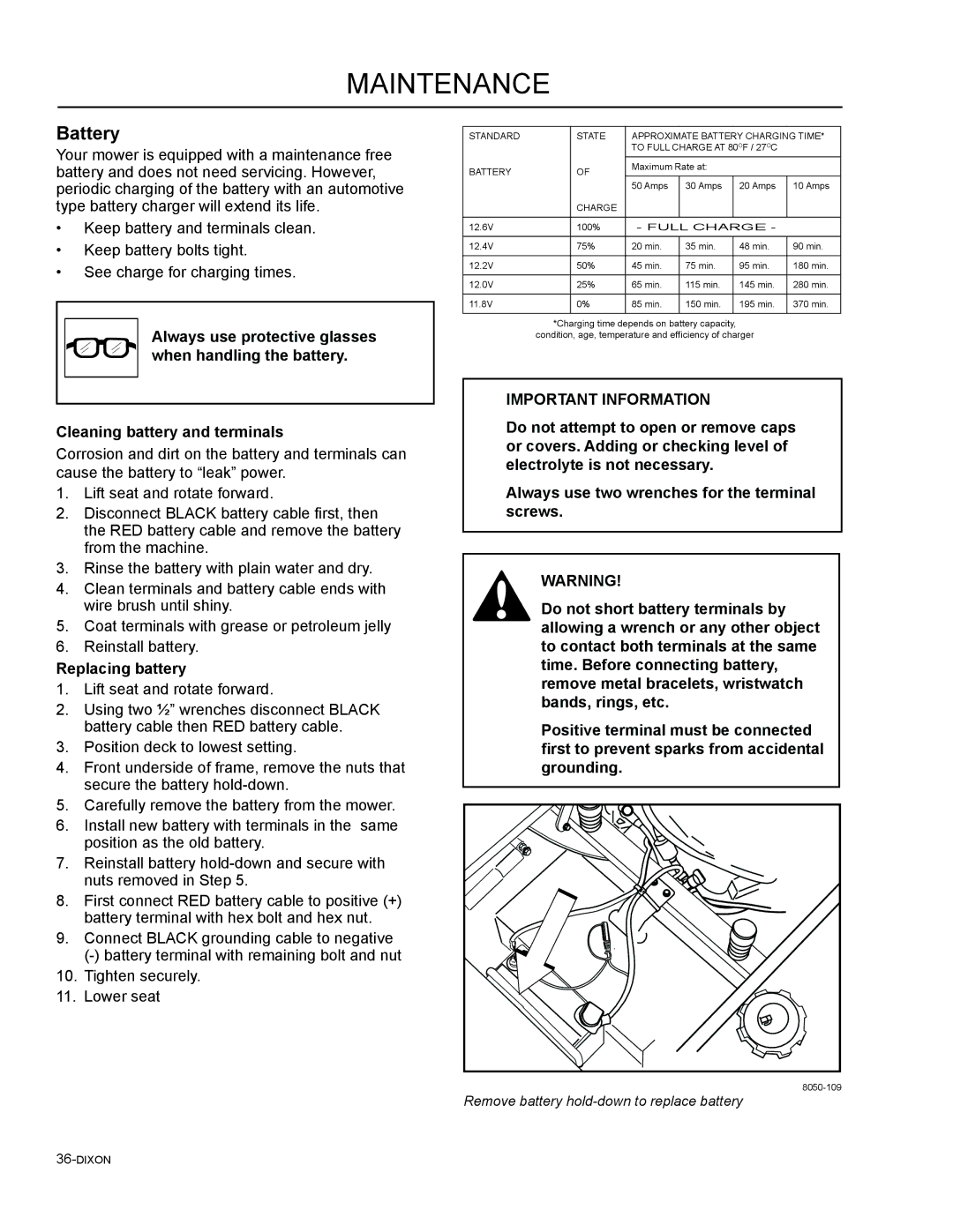 Dixon 965882201, 46, 965882301, 965882101, 965981001, 965882001, 965882401, 54 manual Battery, Replacing battery 