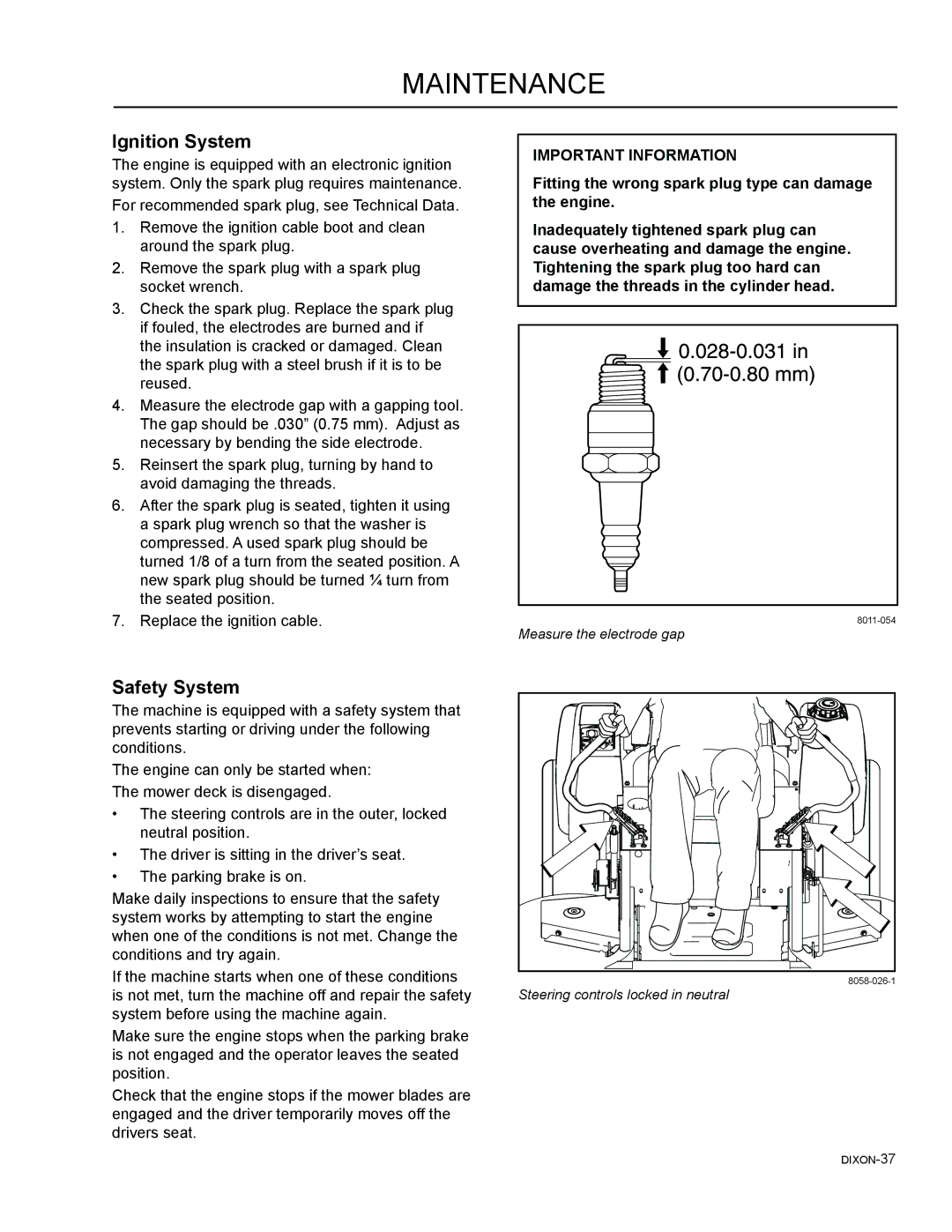 Dixon 965882001, 46, 965882301, 965882101, 965981001, 965882201, 965882401, 54 manual Ignition System, Safety System 