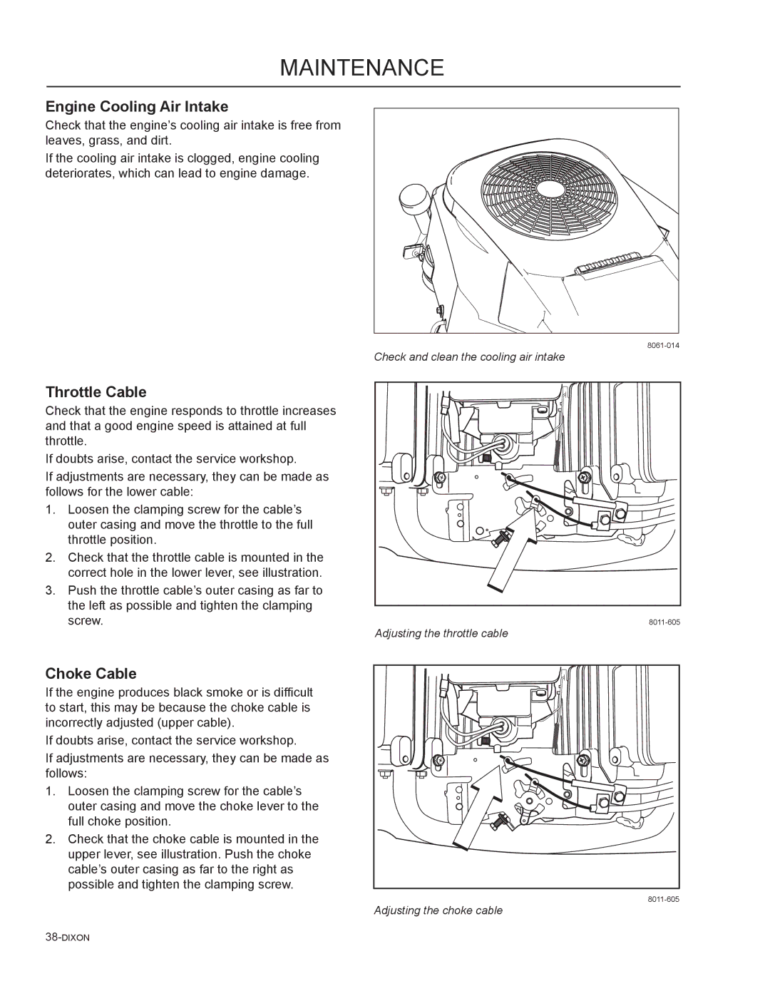 Dixon 965882401, 46, 965882301, 965882101, 965981001, 965882201, 54 manual Engine Cooling Air Intake, Throttle Cable, Choke Cable 