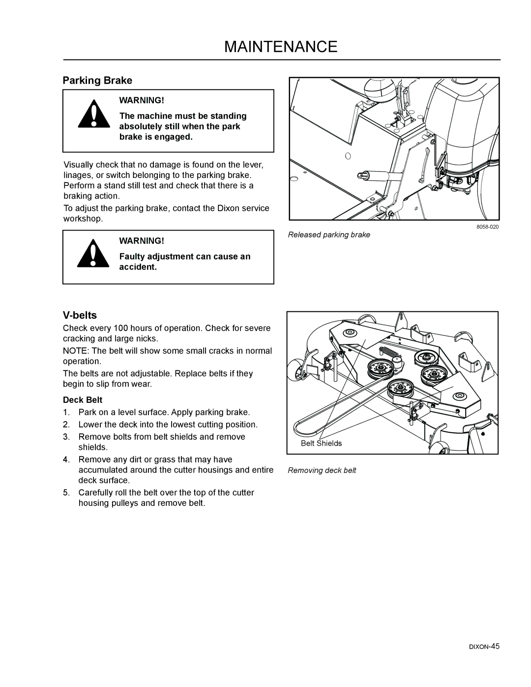 Dixon 965882001, 46, 965882301, 965882101, 965981001, 965882201, 54 Belts, Faulty adjustment can cause an accident, Deck Belt 