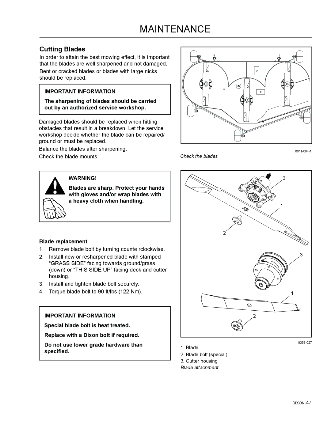 Dixon 54, 46, 965882301, 965882101, 965981001, 965882201, 965882001, 965882401 manual Cutting Blades 