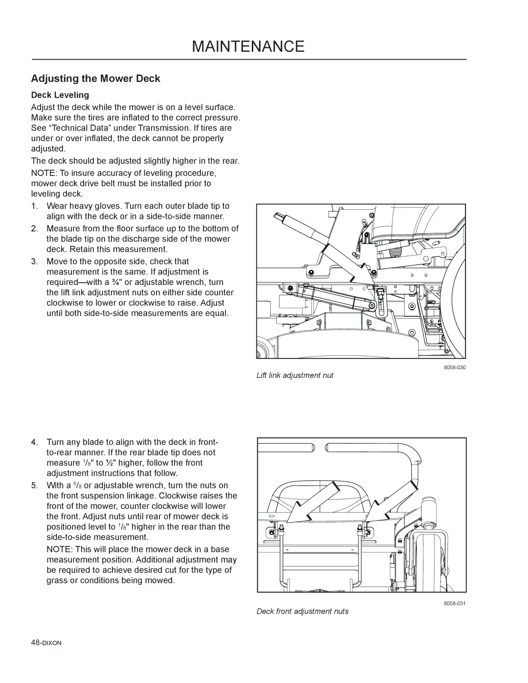 Dixon 46, 965882301, 965882101, 965981001, 965882201, 965882001, 965882401, 54 manual Adjusting the Mower Deck, Deck Leveling 