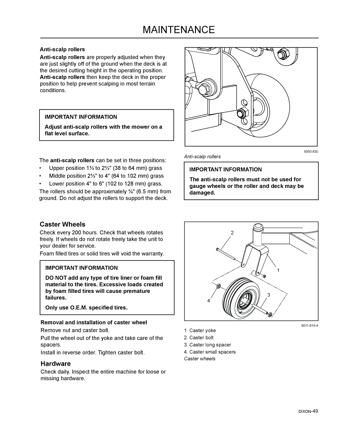 Dixon 965882301, 46, 965882101, 965981001, 965882201, 965882001, 965882401, 54 manual Caster Wheels, Hardware, Anti-scalp rollers 