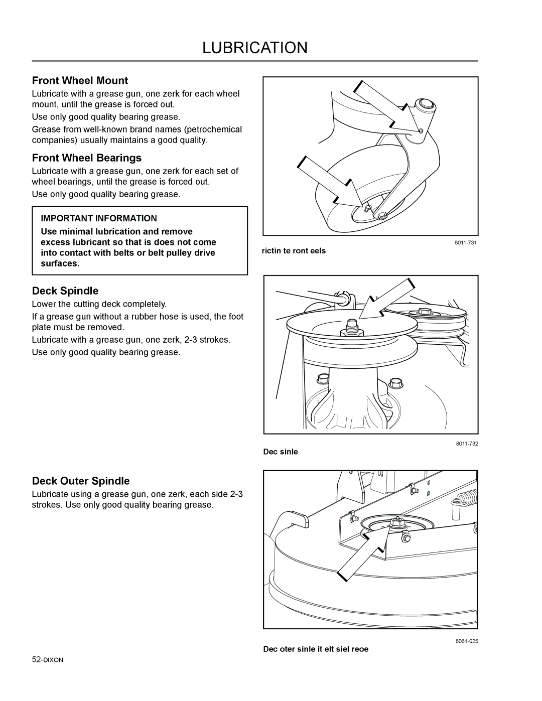 Dixon 965882201, 46, 965882301, 965882101, 54 manual Front Wheel Mount, Front Wheel Bearings, Deck Spindle, Deck Outer Spindle 