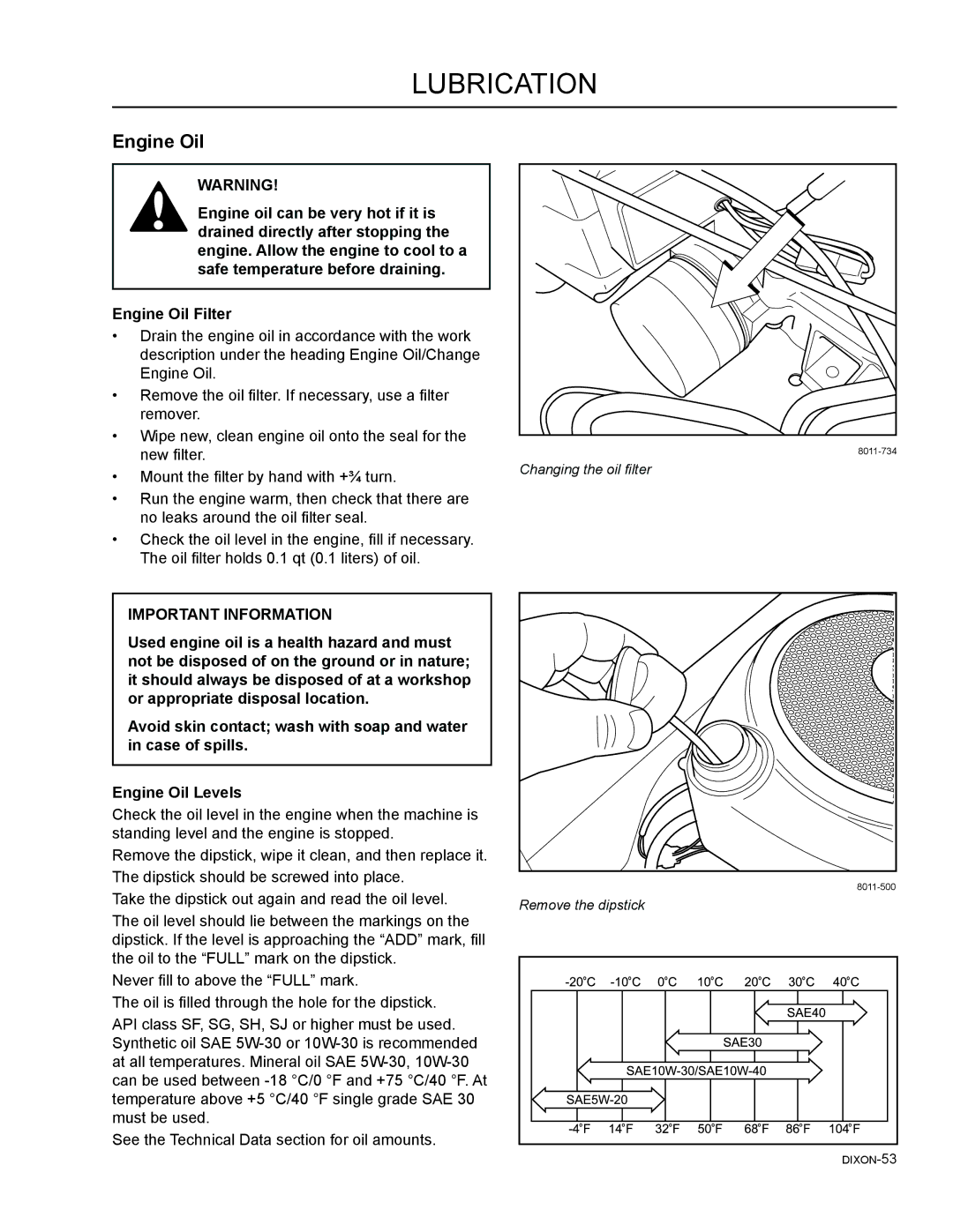 Dixon 965882001, 46, 965882301, 965882101, 965981001, 965882201, 965882401, 54 manual Engine Oil 