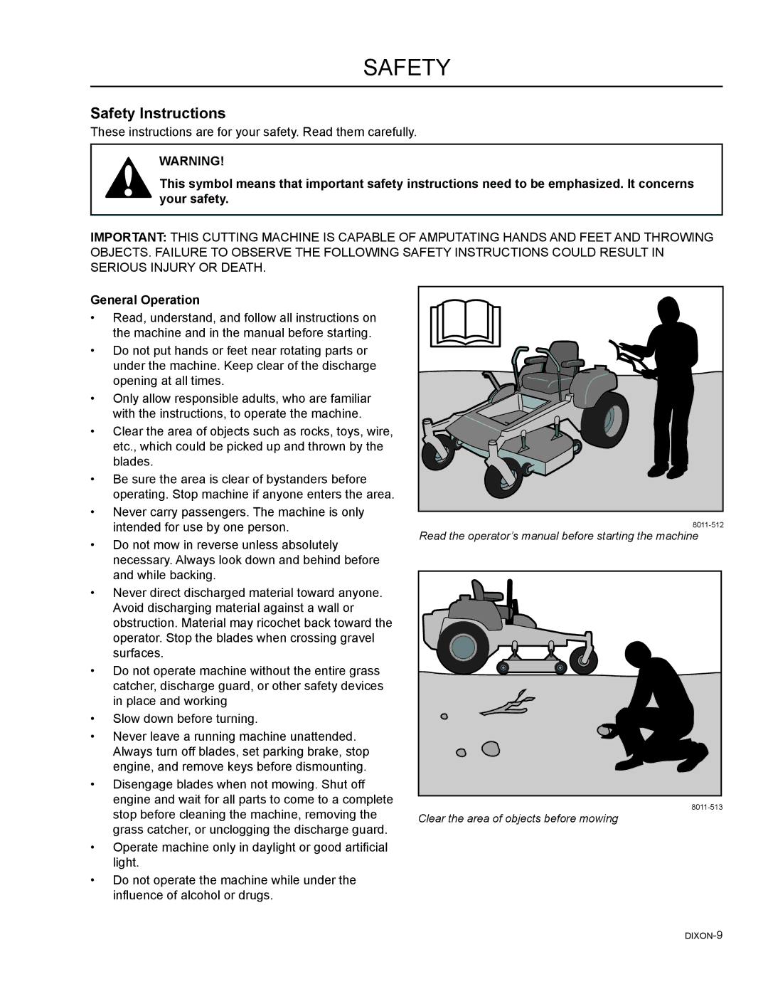 Dixon 965882301, 46, 965882101, 965981001, 965882201, 965882001, 965882401, 54 manual Safety Instructions, General Operation 