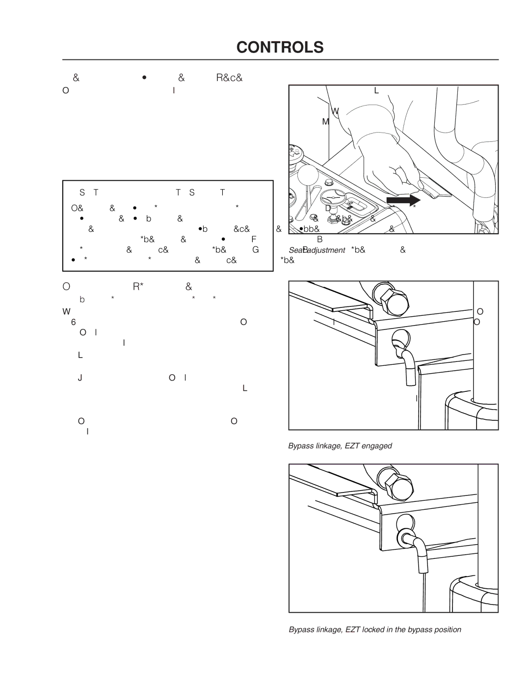 Dixon 966496201, 46BF, 42BF, 965883201, 965883101, 54BF manual Seat Adjustment Lever, Bypass Linkage, Unlocking Transmission 