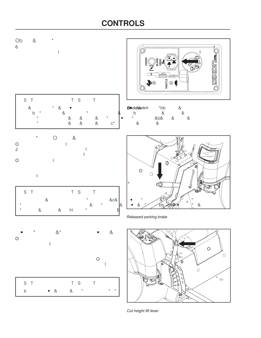 Dixon 42BF, 46BF, 965883201 Blade Switch, Parking Brake, Cutting Height Adjuster, Always use the high position to transport 