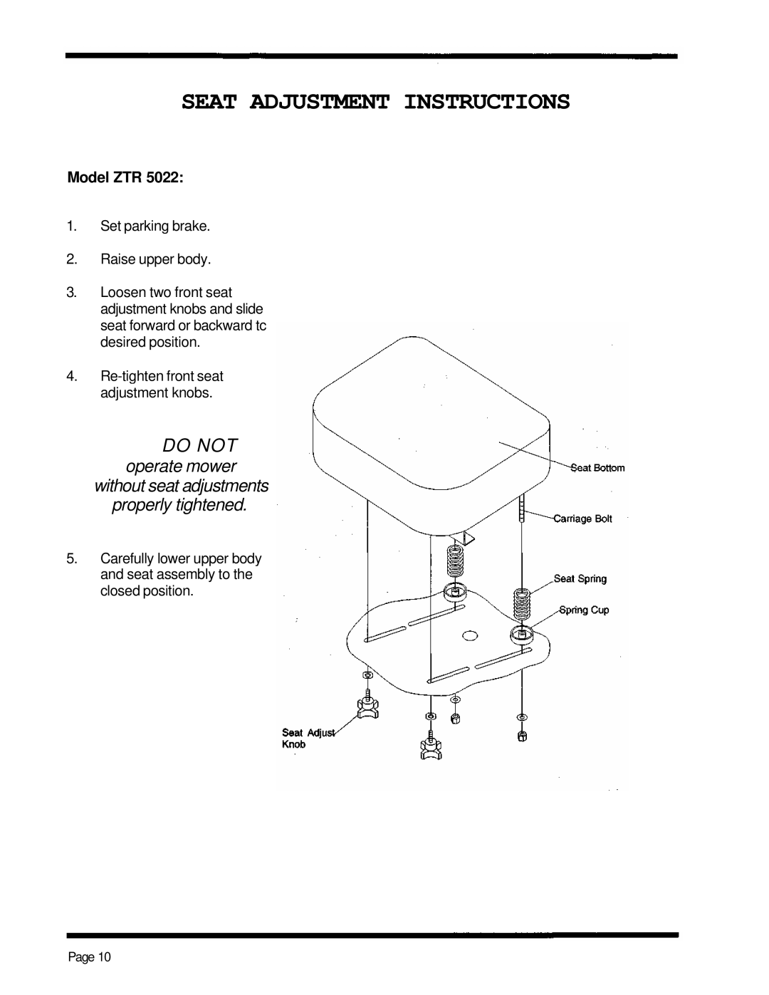 Dixon 5000 Series manual Seat Adjustment Instructions 