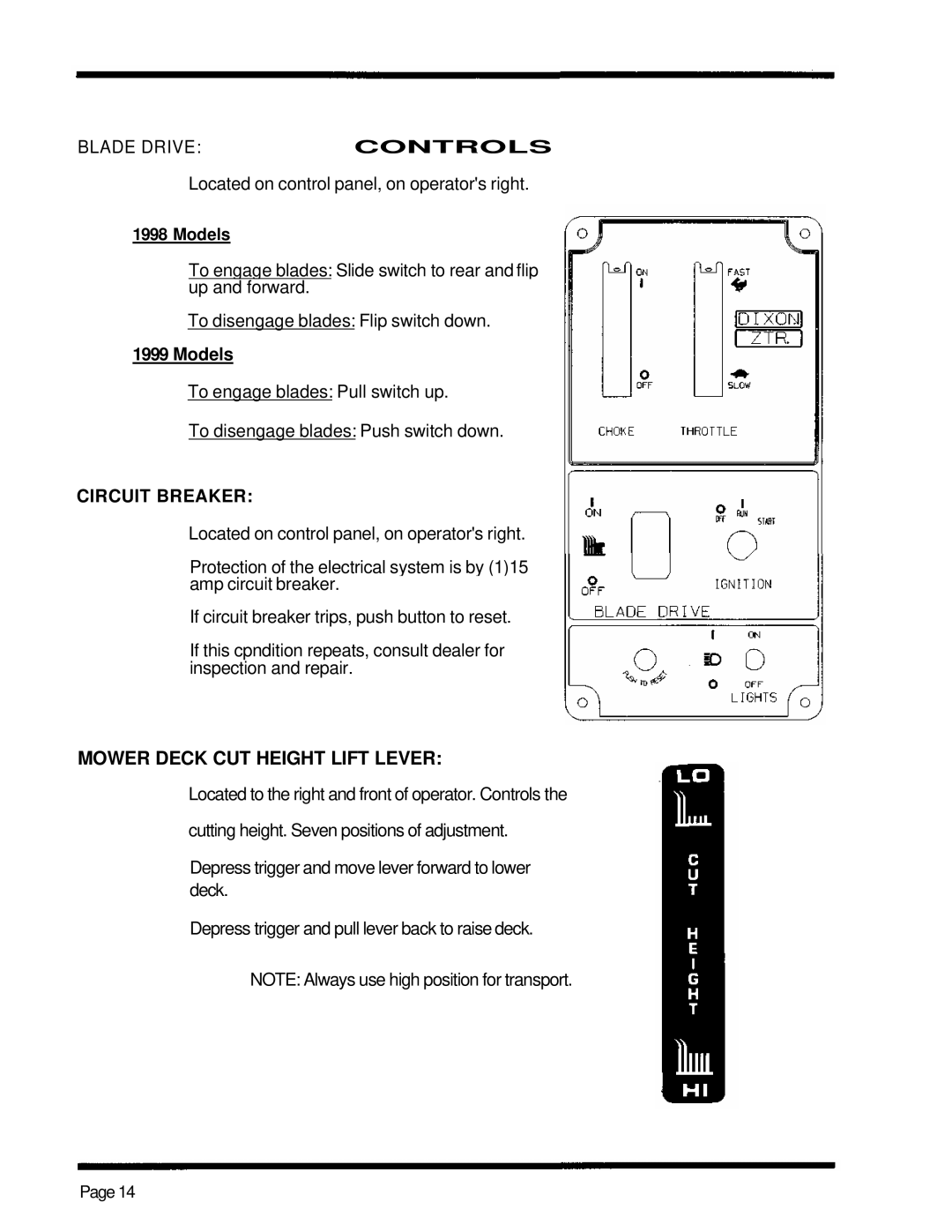 Dixon 5000 Series manual Mower Deck CUT Height Lift Lever, Blade Drivecontrols 