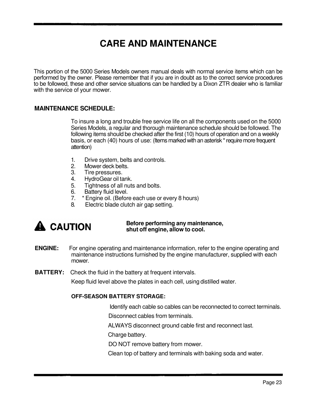 Dixon 5000 Series manual Care and Maintenance, Maintenance Schedule 