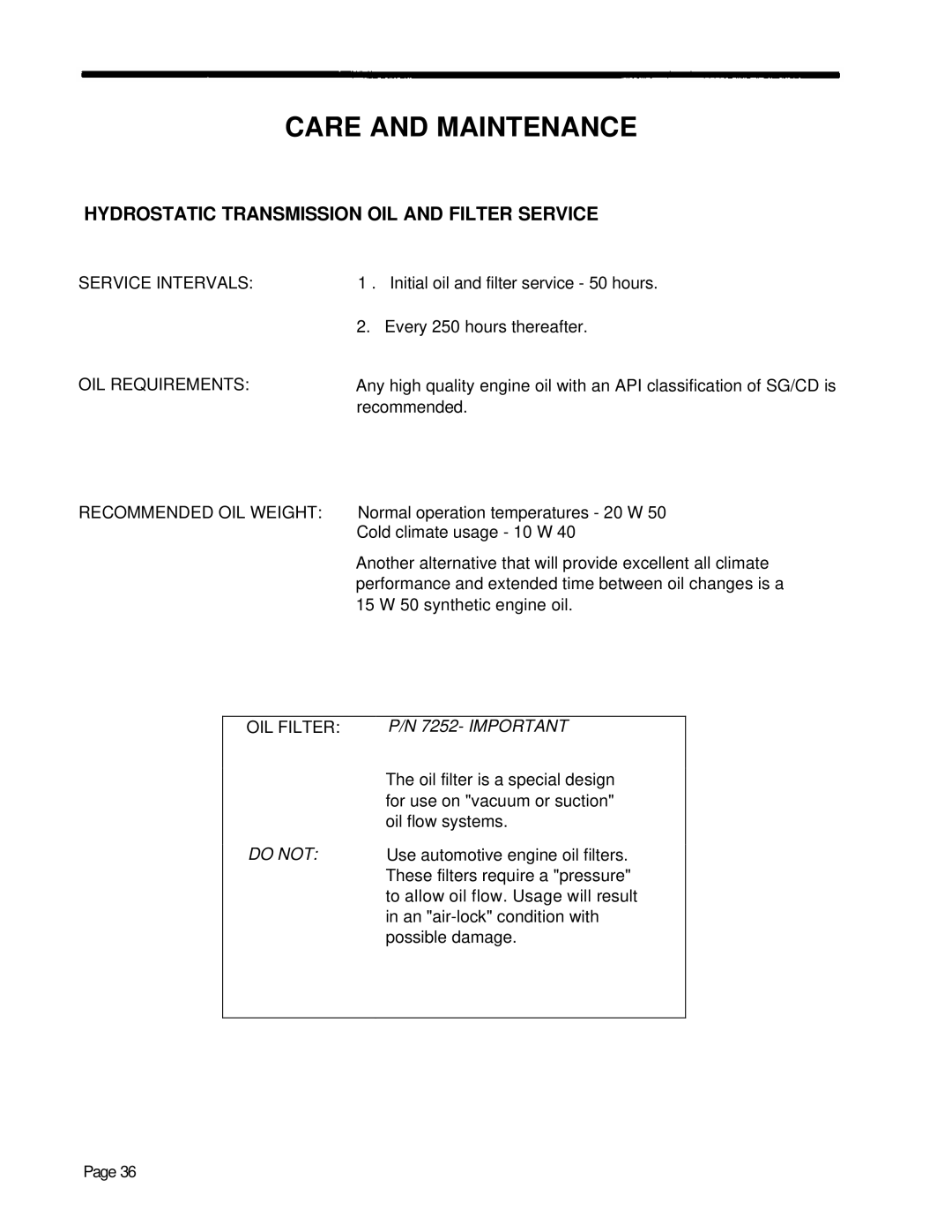 Dixon 5000 Series manual Care and Maintenance, Hydrostatic Transmission OIL and Filter Service 