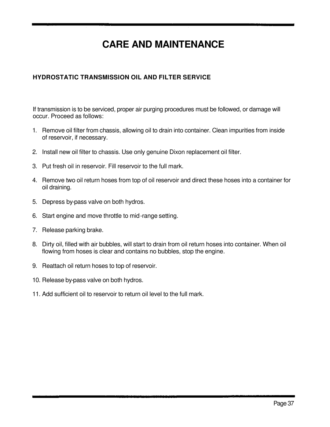 Dixon 5000 Series manual Hydrostatic Transmission OIL and Filter Service 