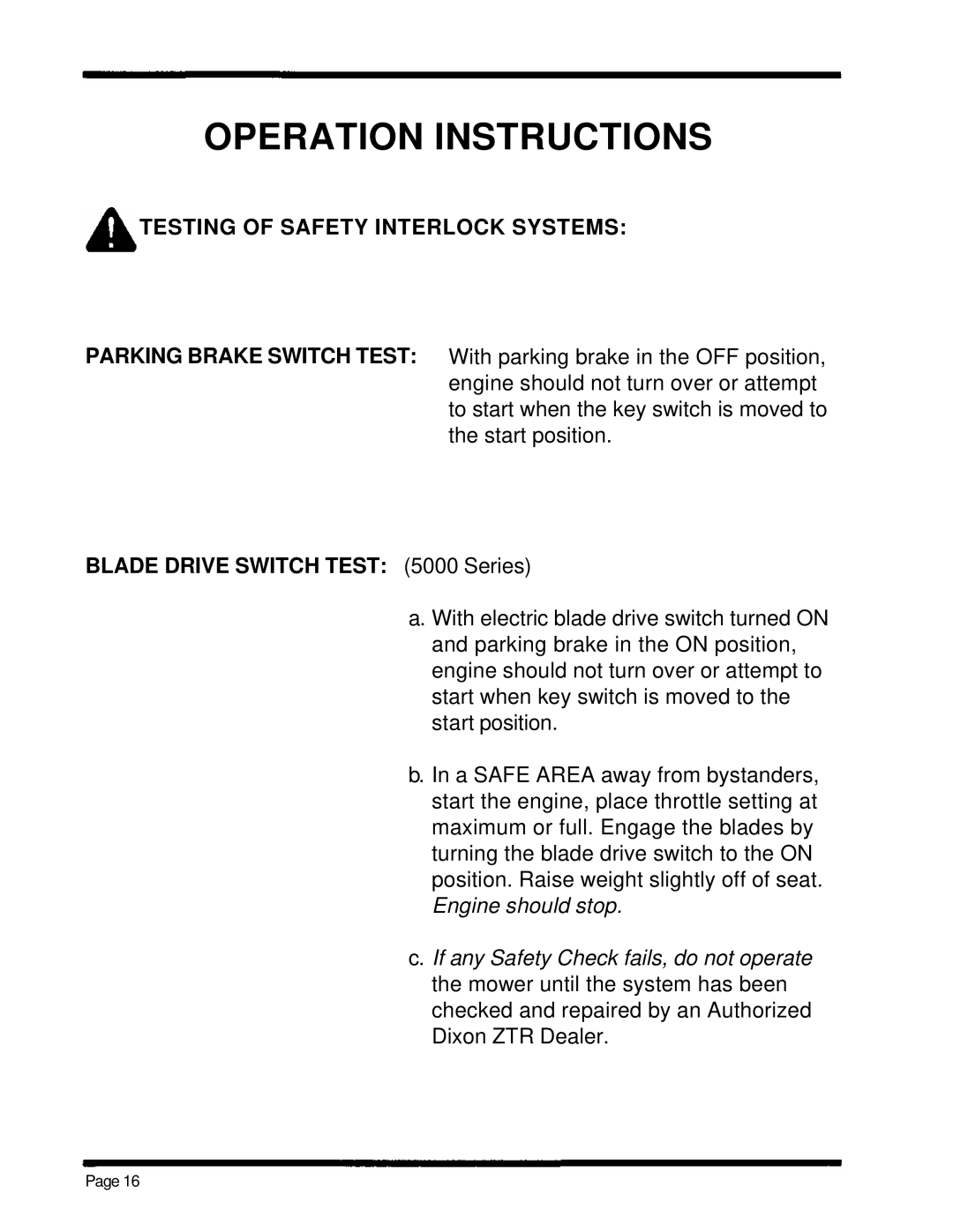 Dixon manual Testing Of Safety Interlock Systems, BLADE DRIVE SWITCH TEST 5000 Series, Operation Instructions 