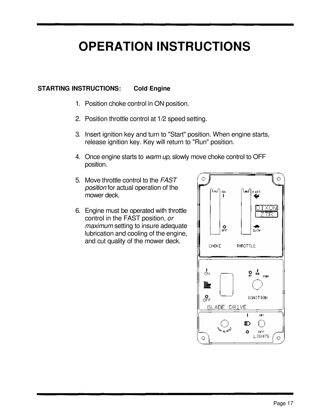 Dixon 5000 Series manual Operation Instructions, Position choke control in ON position 