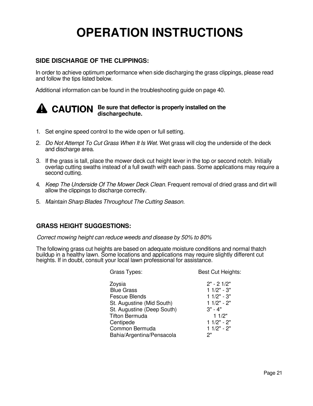 Dixon 5000 Series manual Operation Instructions, Side Discharge Of The Clippings, Grass Height Suggestions 