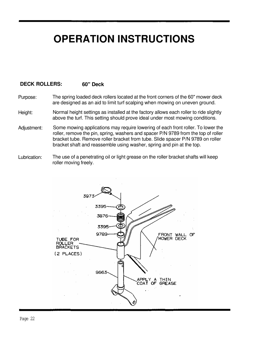 Dixon 5000 Series manual Operation Instructions, Page, Deck Rollers 