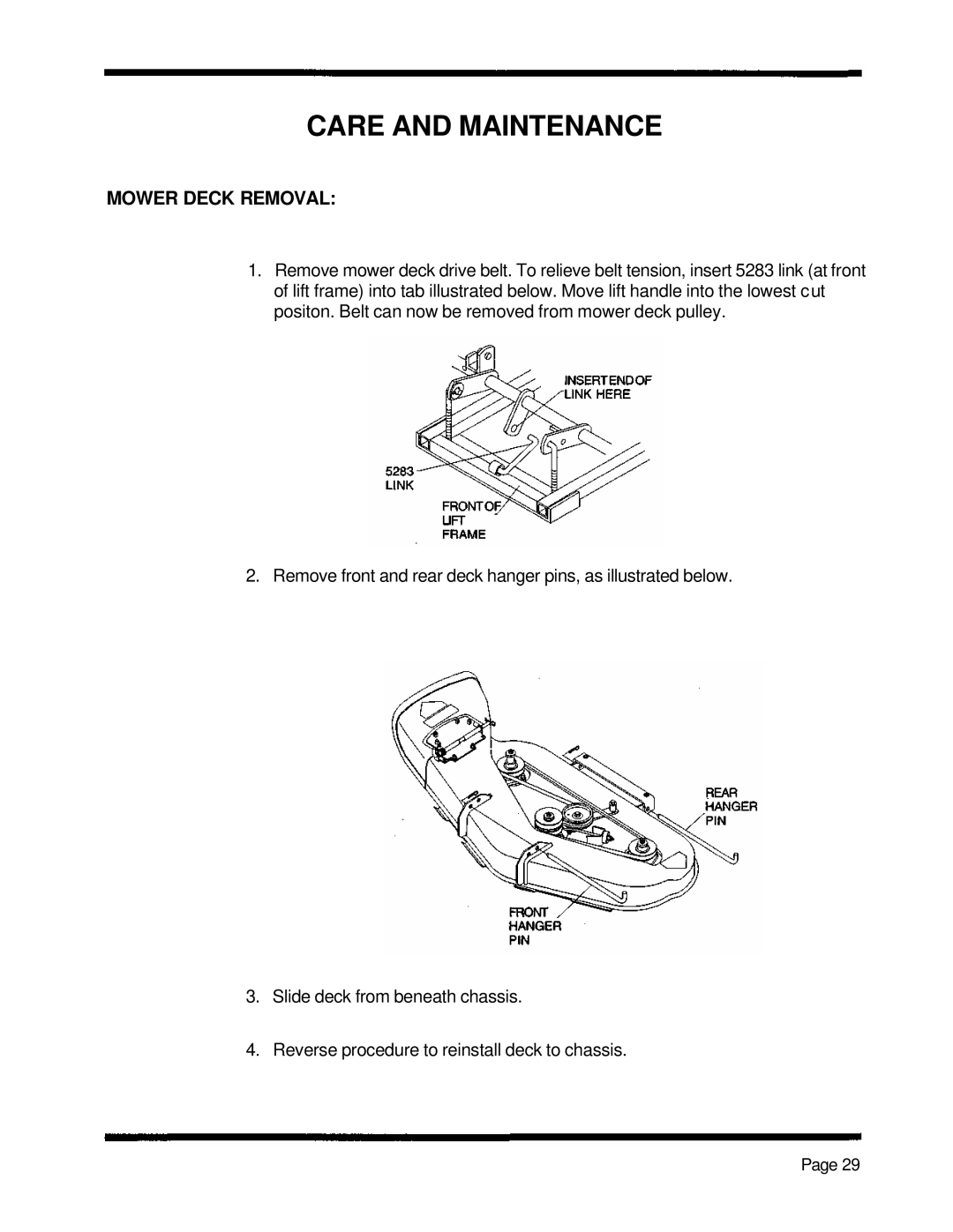 Dixon 5000 Series manual Care And Maintenance, Mower Deck Removal 