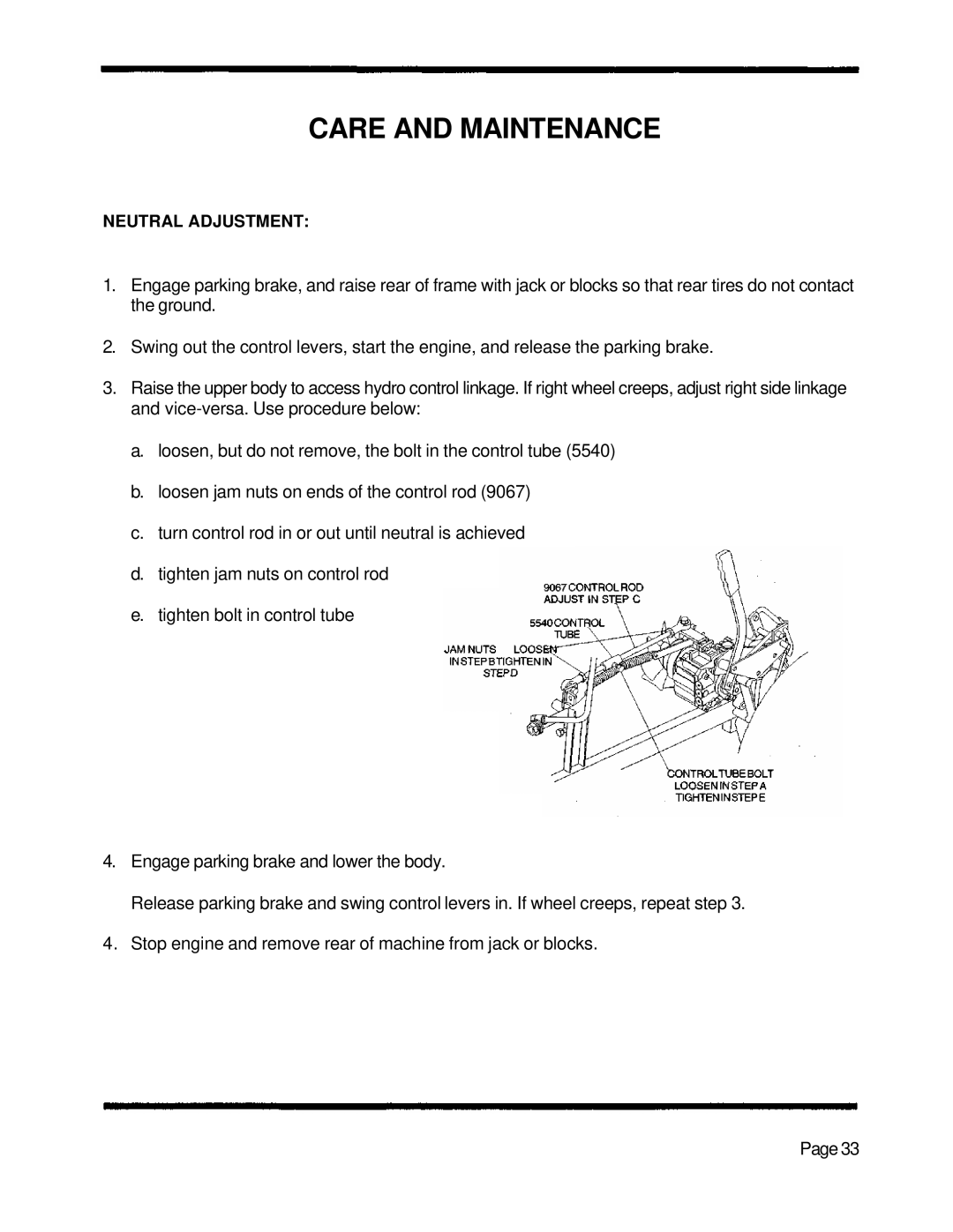 Dixon 5000 Series manual Care And Maintenance, a. loosen, but do not remove, the bolt in the control tube 