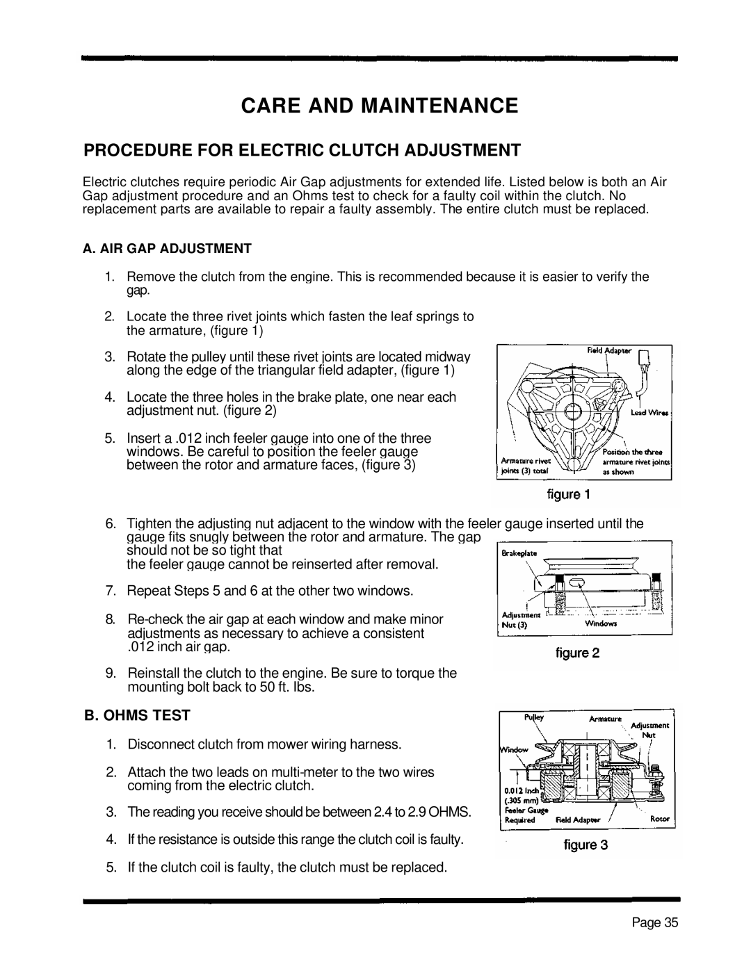 Dixon 5000 Series manual Care And Maintenance, Procedure For Electric Clutch Adjustment, B. Ohms Test 