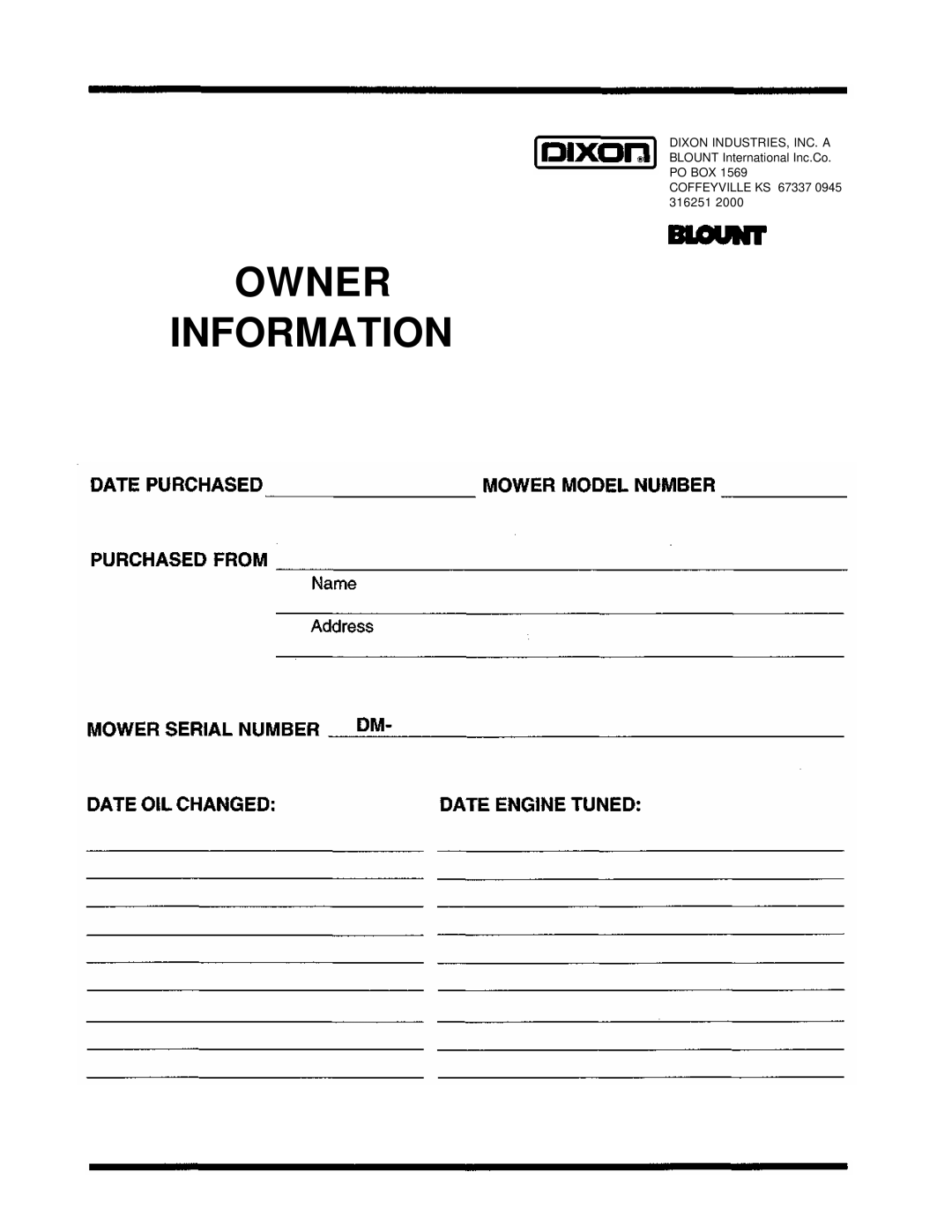 Dixon 5000 Series manual Owner Information 