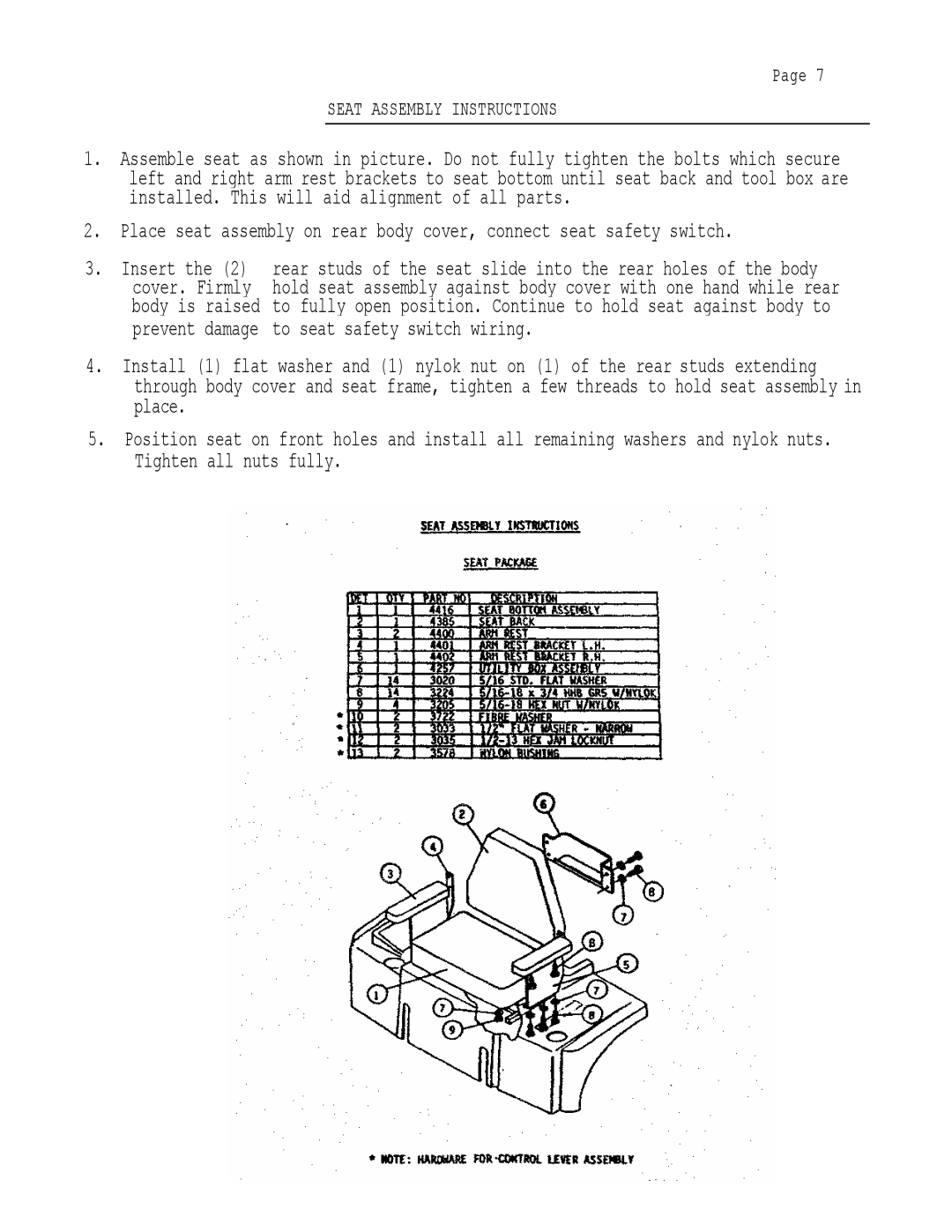 Dixon 501 manual Seat Assembly Instructions, Insert the 2 cover. Firmly body is raised 