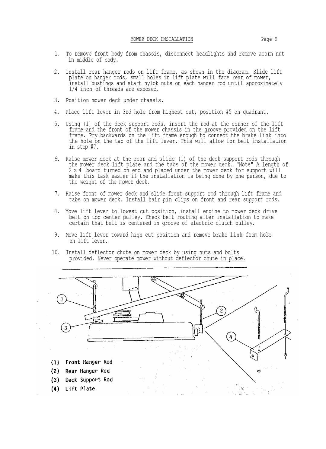 Dixon 501 manual Position mower deck under chassis, Mower Deck Installation 