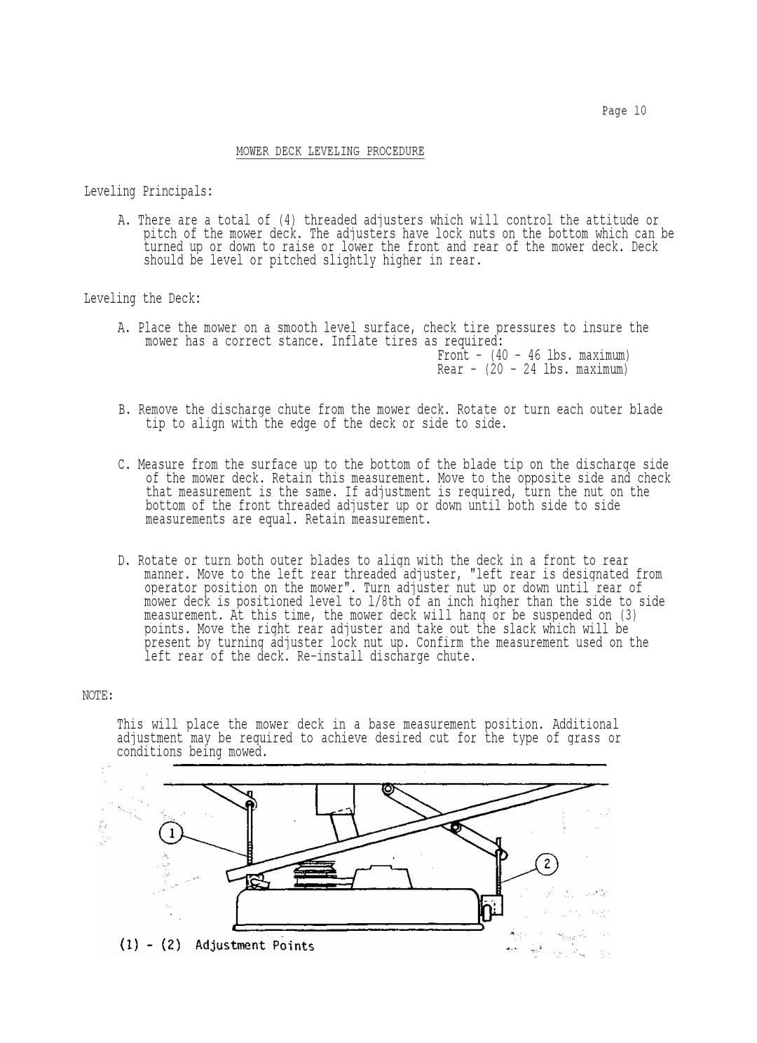 Dixon 501 manual Leveling Principals, Leveling the Deck, Mower Deck Leveling Procedure 