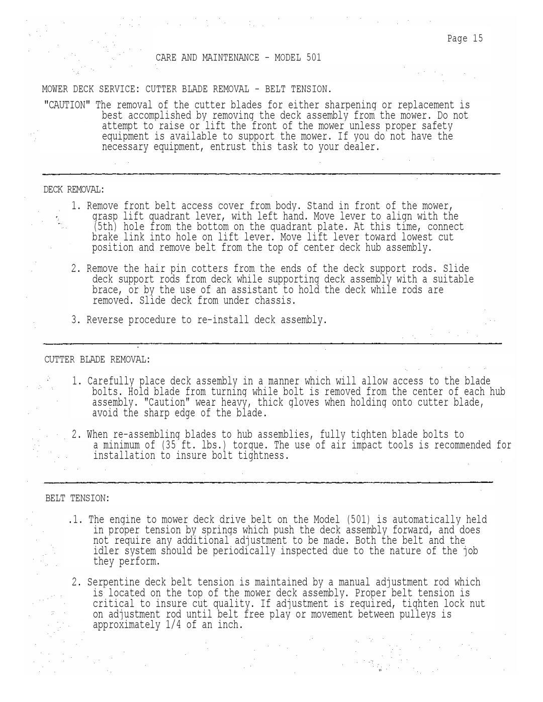 Dixon 501 manual Reverse procedure to re-install deck assembly, Cutter Blade Removal, Belt Tension 