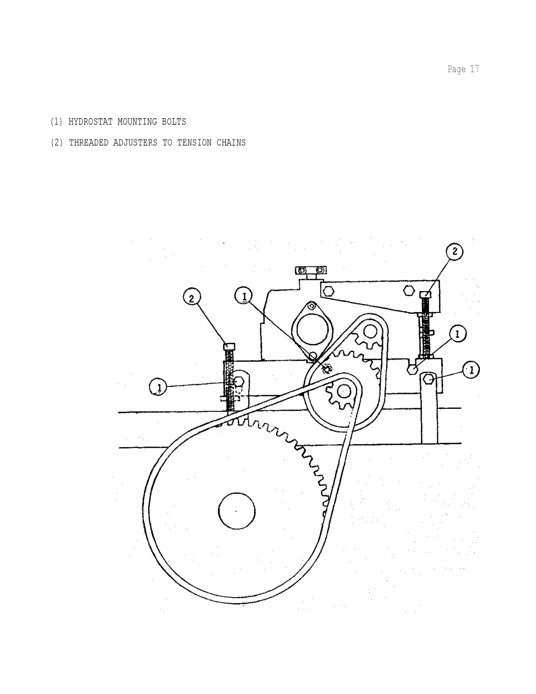 Dixon 501 manual Page 1HYDROSTAT MOUNTING BOLTS, 2THREADED ADJUSTERS TO TENSION CHAINS 