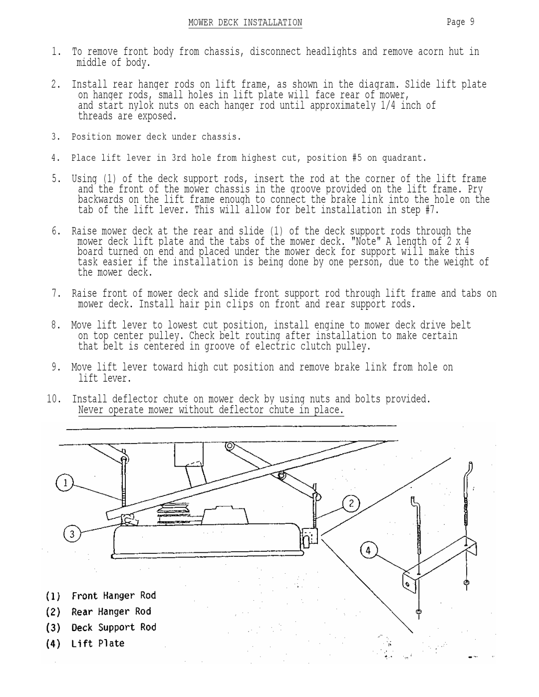 Dixon 502 manual Mower Deck Installation, Position mower deck under chassis 