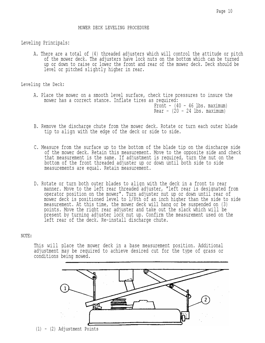 Dixon 502 manual Leveling Principals, Leveling the Deck, Adjustment Points 