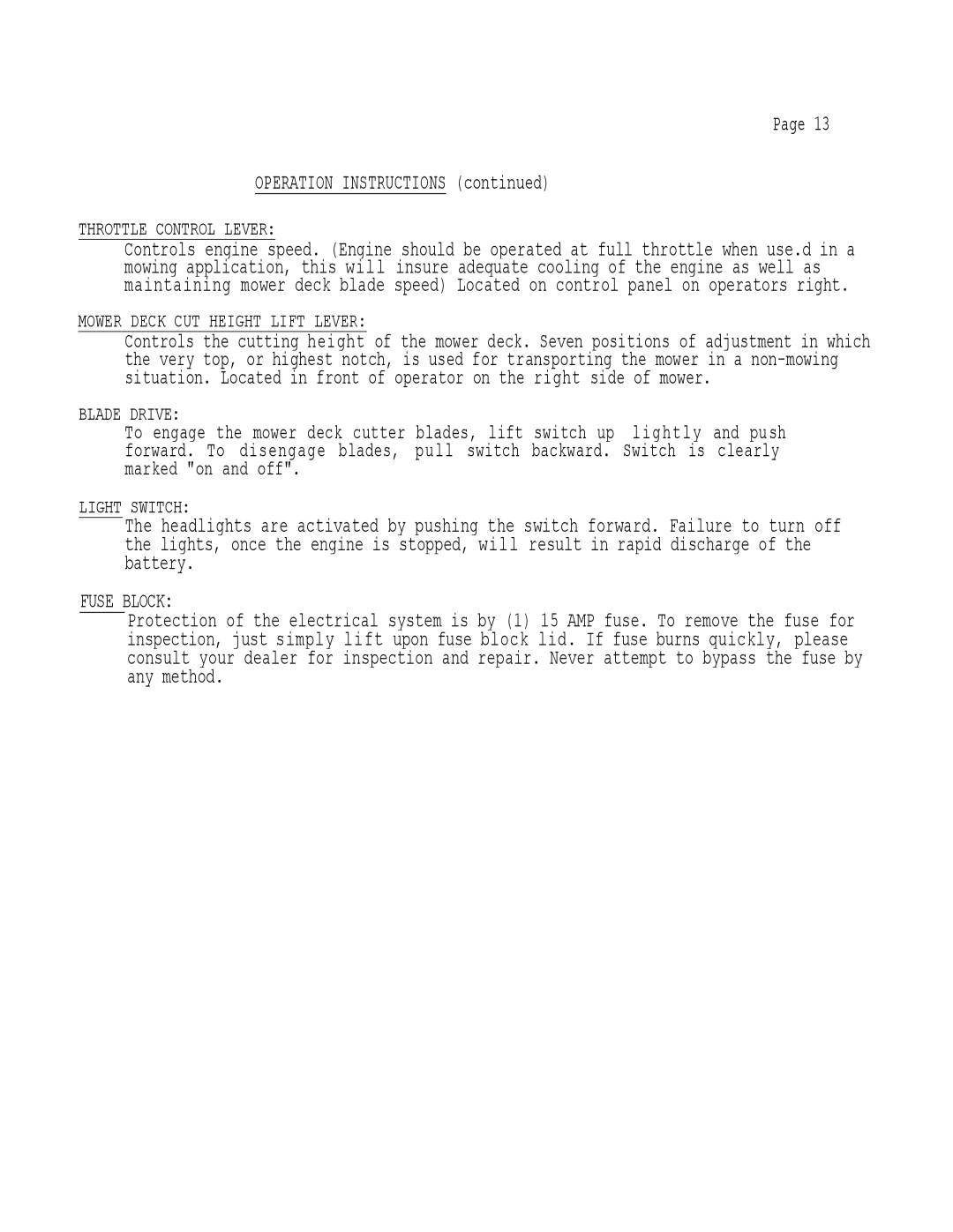 Dixon 502 Operation Instructions, Throttle Control Lever, Mower Deck CUT Height Lift Lever, Blade Drive, Light Switch 