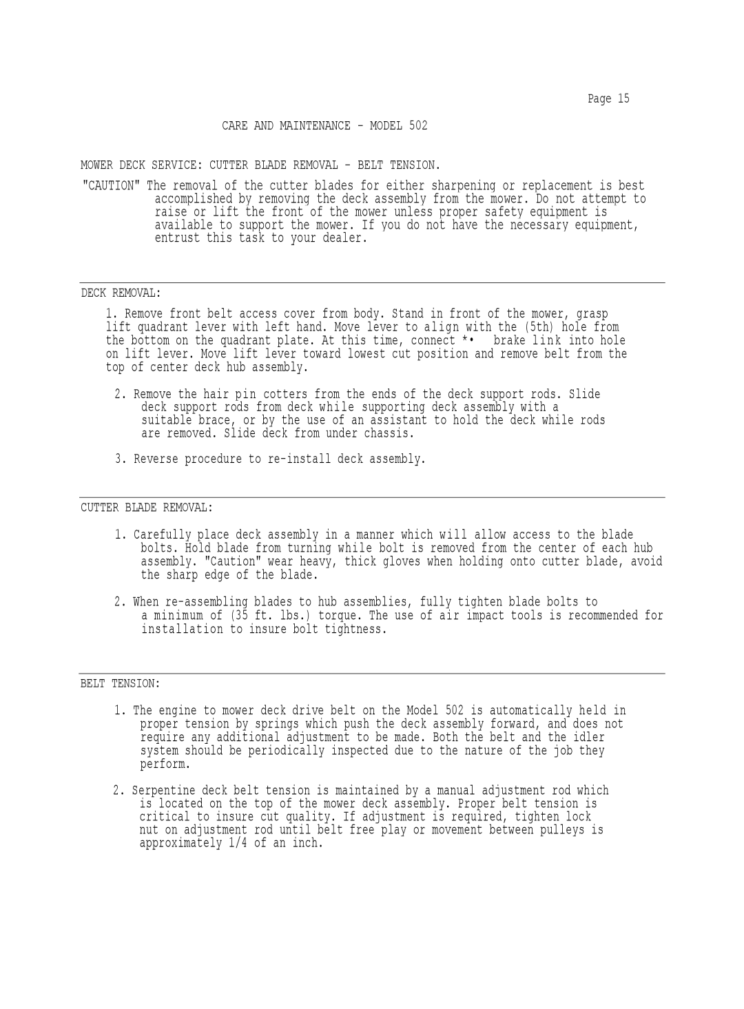 Dixon 502 manual Reverse procedure to re-install deck assembly, Cutter Blade Removal, Belt Tension 