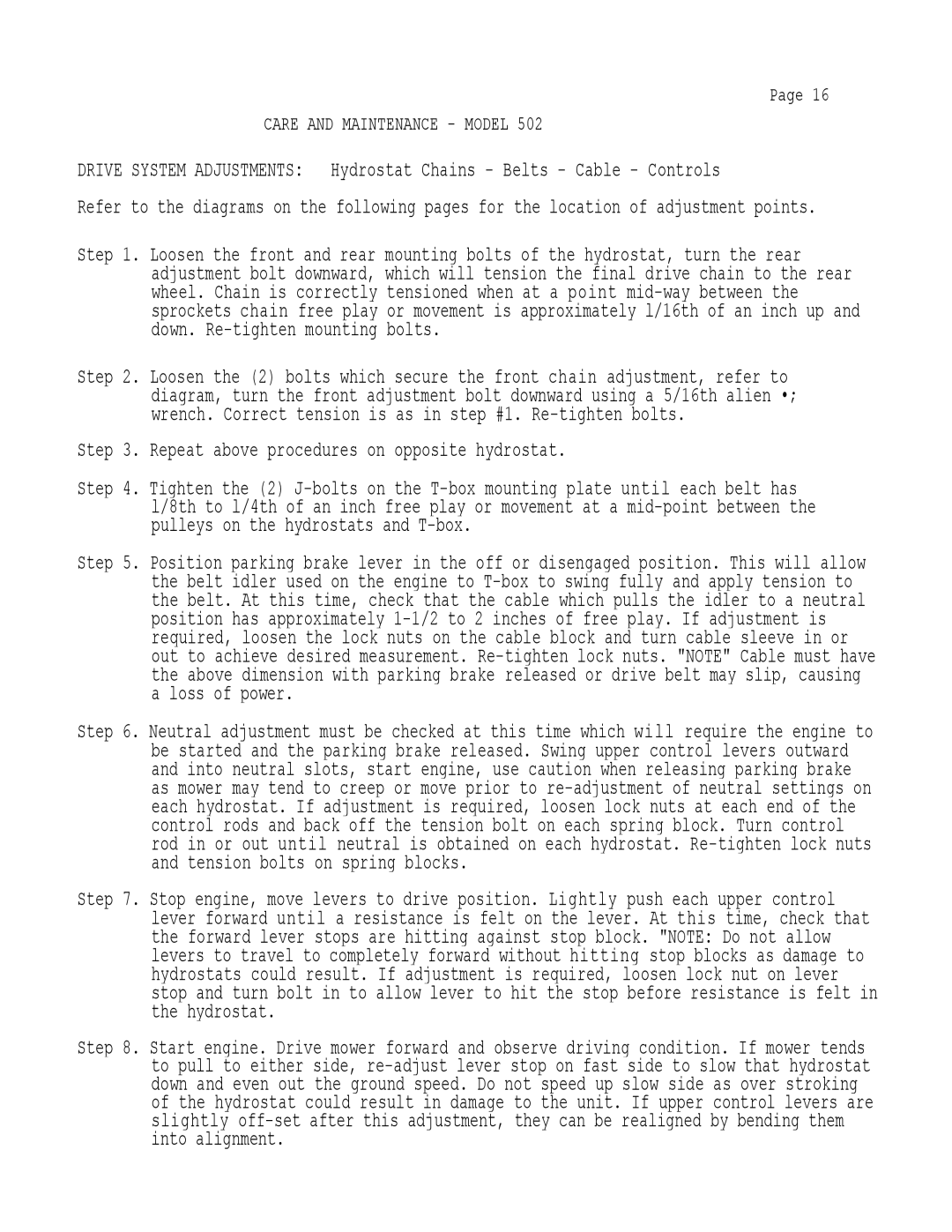 Dixon 502 manual Repeat above procedures on opposite hydrostat 