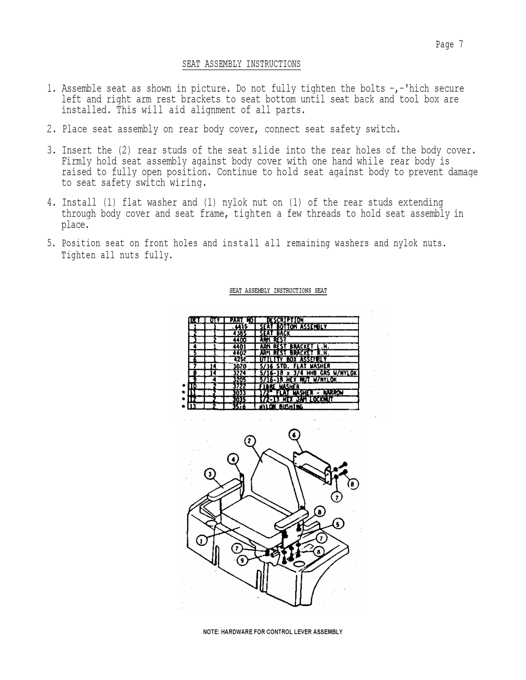 Dixon 503 manual Seat Assembly Instructions 