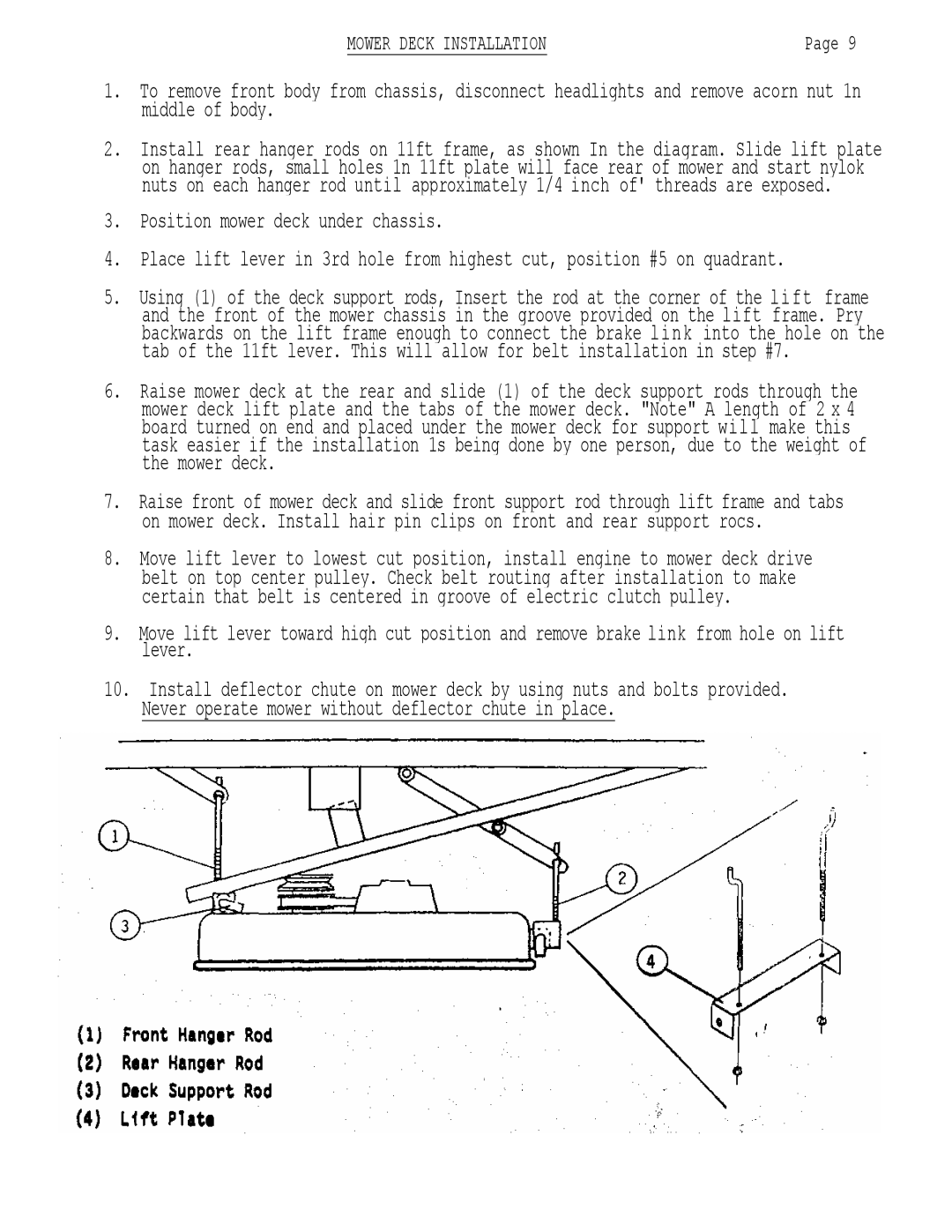 Dixon 503 manual Position mower deck under chassis, Mower Deck Installation 