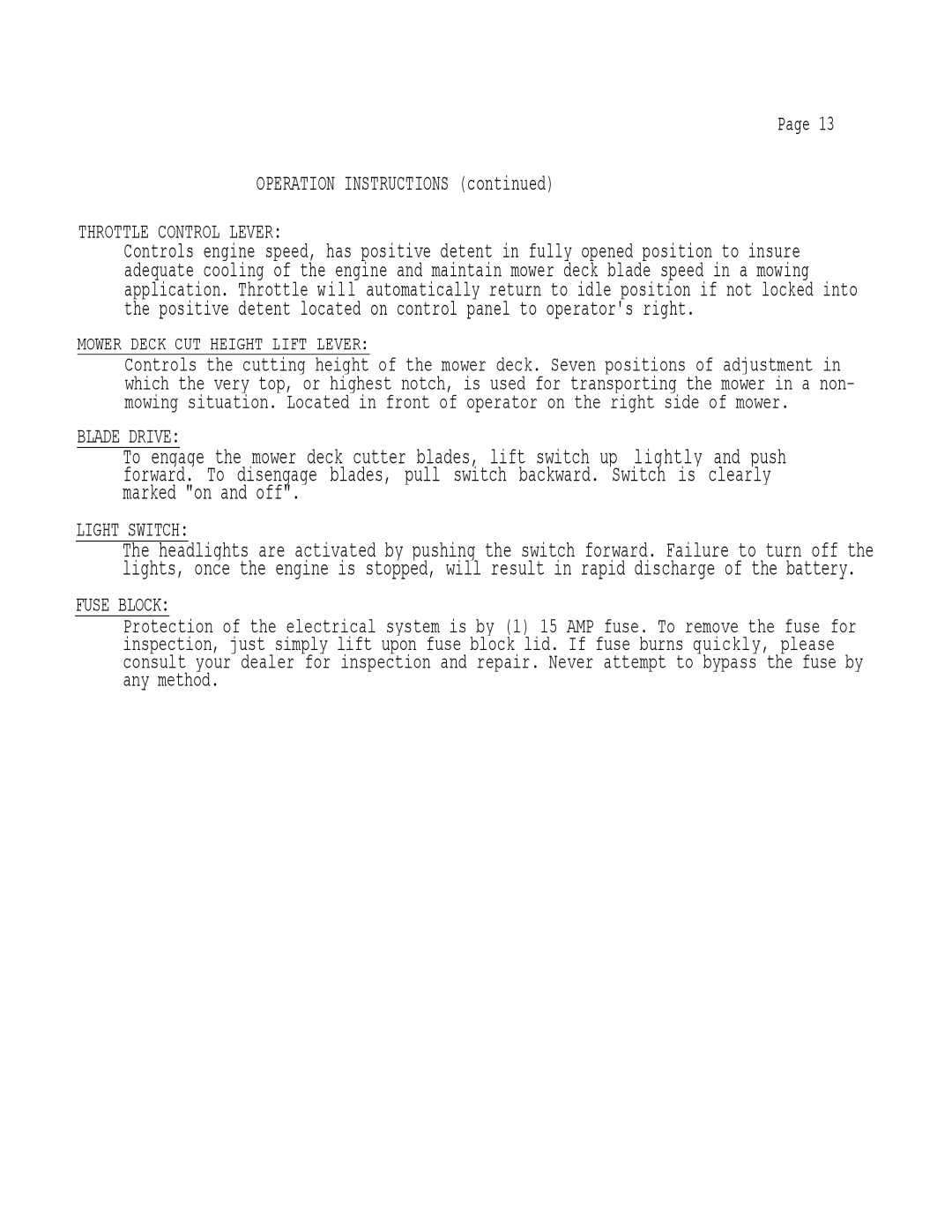 Dixon 503 manual Operation Instructions, Throttle Control Lever, Blade Drive, Light Switch, Fuse Block 