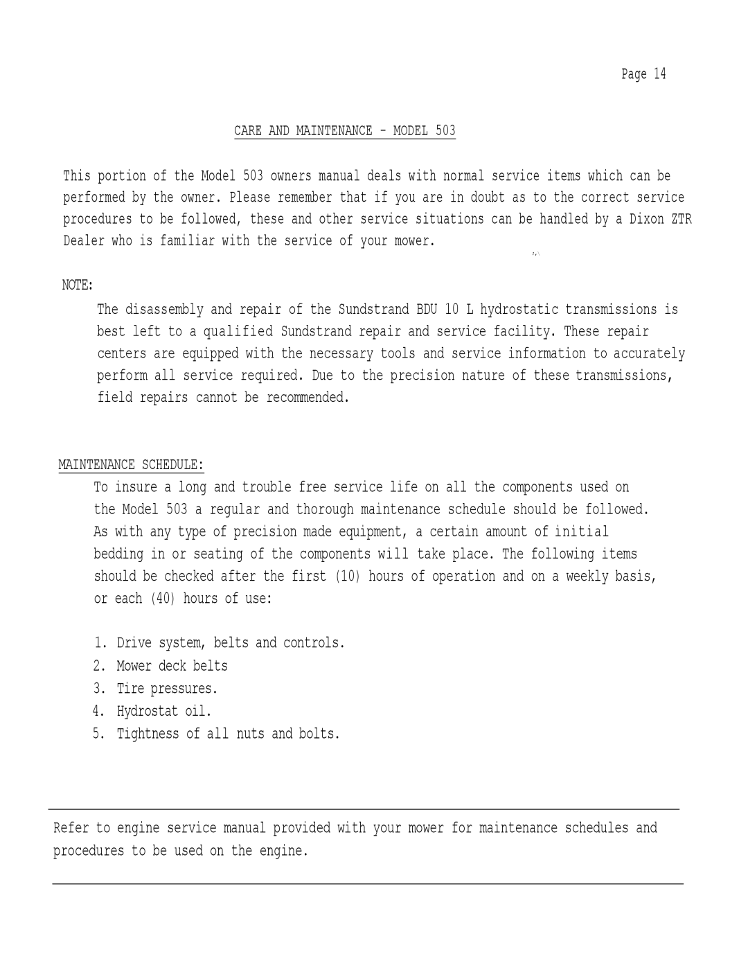 Dixon 503 manual Care and Maintenance Model, Maintenance Schedule 